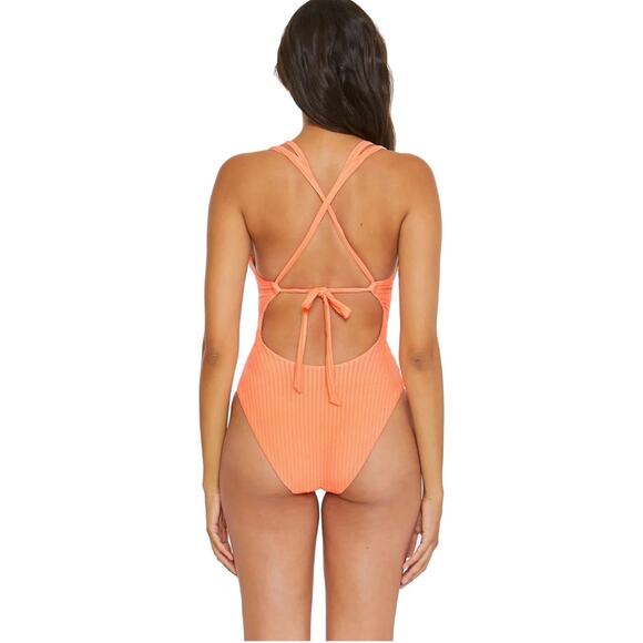 BECCA Line in The Sand Lainey Textured Rib Plunge One-Piece Swimsuit Nectar M - Picture 2 of 10